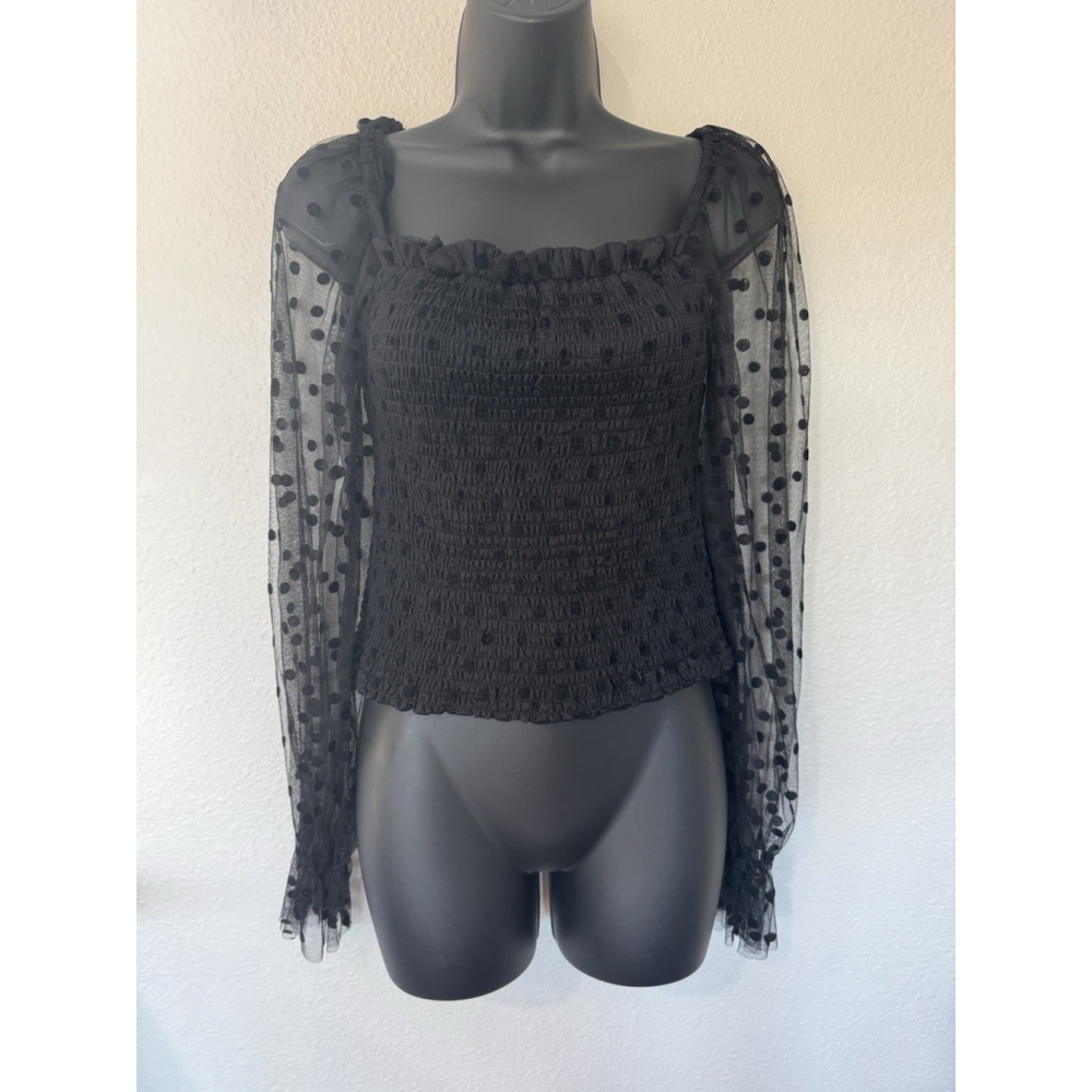 Mind Code Black Smocked Top Womens L Sheer Polka Dot Mesh Puff Sleeve